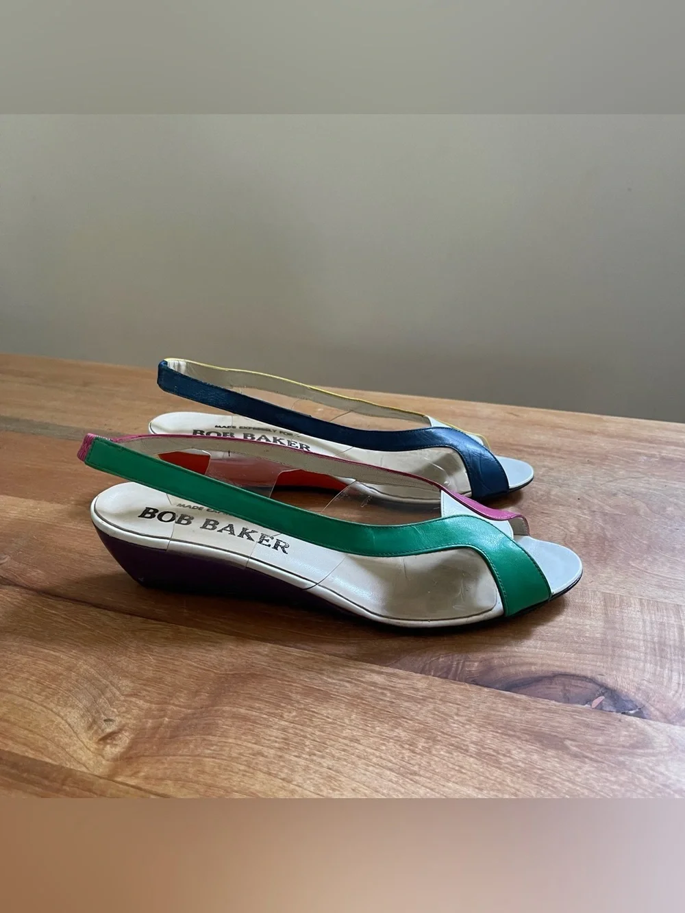 Vintage Bob Baker Slingback Low Wedge Sandals Clear Color Block Leather Size 7